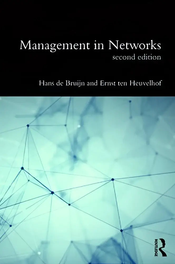 The book cover of management in networks second edition by ernst ten heuvelhof features a minimalist blue design with interconnected dots