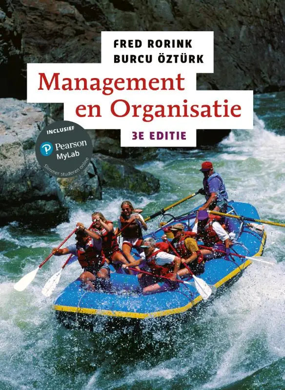 Blauw en geel opblaasbaar vlot met mensen die peddelen door wilde wateren voor management en organisatie met mylab nl toegangscode van burcu öztürk en fred rorink