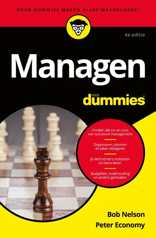 Managen voor dummies boek met zwart geel omslag en houten schaakkoning op schaakbord afbeelding