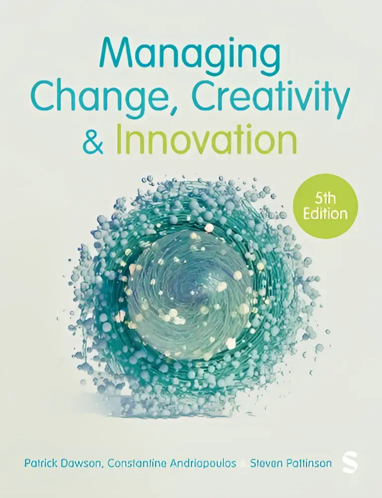 De boekomslag van managing change creativiteit en innovatie toont een abstract ontwerp in blauwgroene tinten met witte stippen