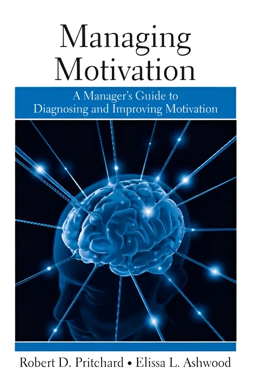 Blauw gloeiende hersenen grafiek op donkere achtergrond met blauwe en witte tekstblokken voor managing motivation product
