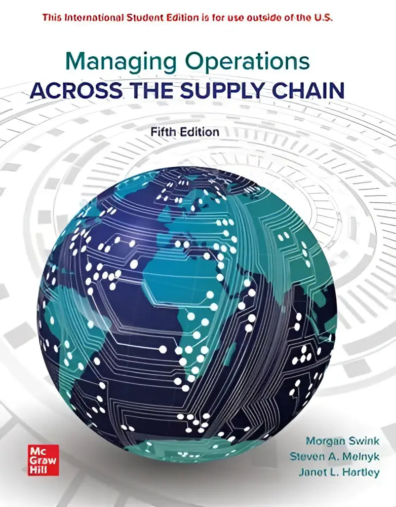 De boekomslag toont een teal en marineblauwe globe met circuitpatronen voor managing operations across the supply chain vijfde editie