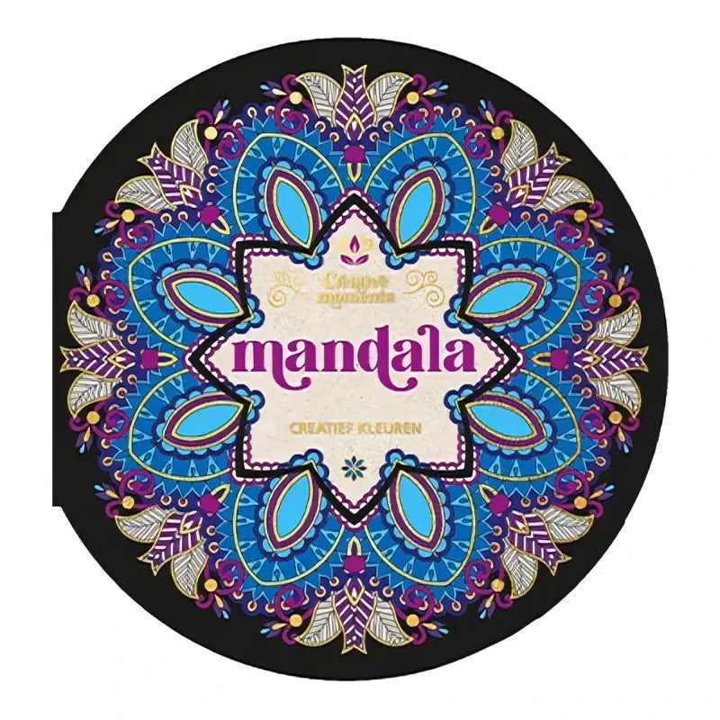 Een mandala creatief kleuren kleurboek met een zwarte rand en gedetailleerde blauwe en paarse bloemenpatronen