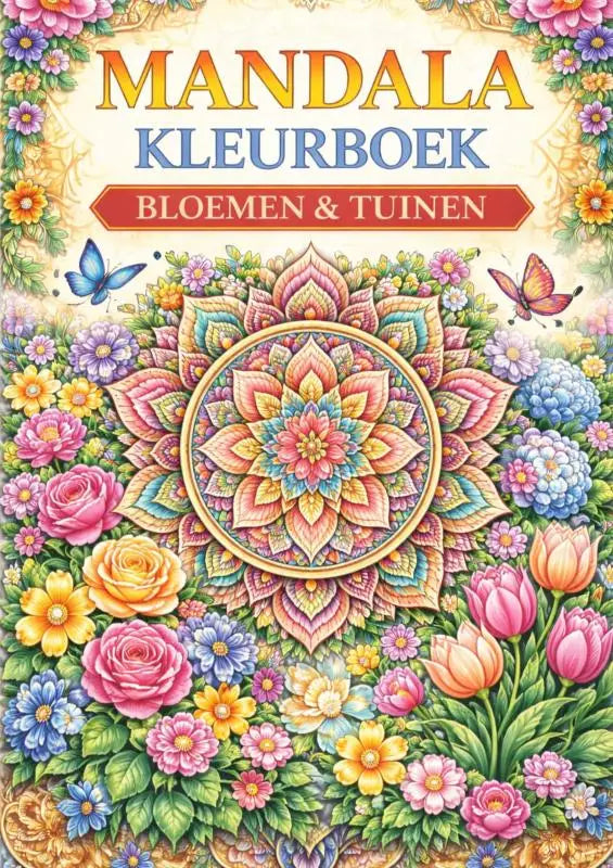 A vibrant mandala kleurboek cover with a detailed floral design, colorful roses, and butterflies for coloring