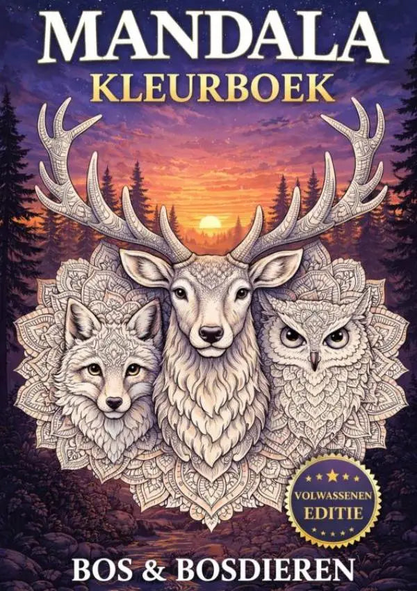 De cover van het mandala kleurboek bos en bosdieren toont gedetailleerde monochrome illustraties van een hert vos en uil met mandala patronen tegen een schemerbos achtergrond