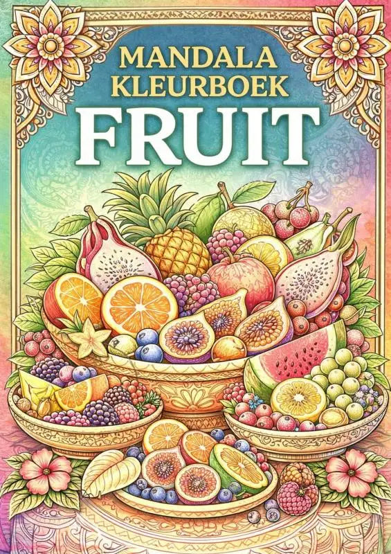 Mandala kleurboek fruit met kleurrijke mandala stijl illustraties van fruit in sierlijke kommen en bloemrijke randen