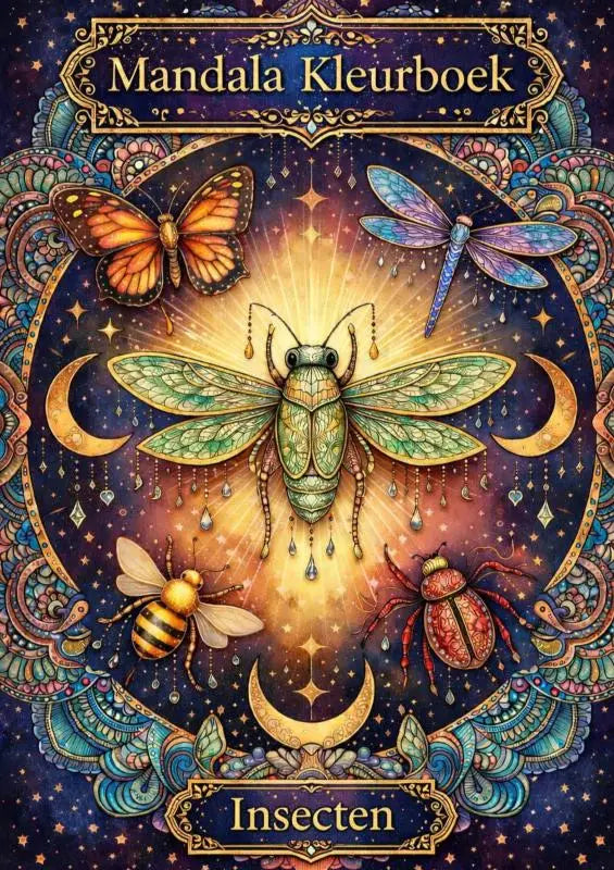 De mandala kleurboek insecten heeft een groene cicade met gouden accenten op de kleurrijke kaft