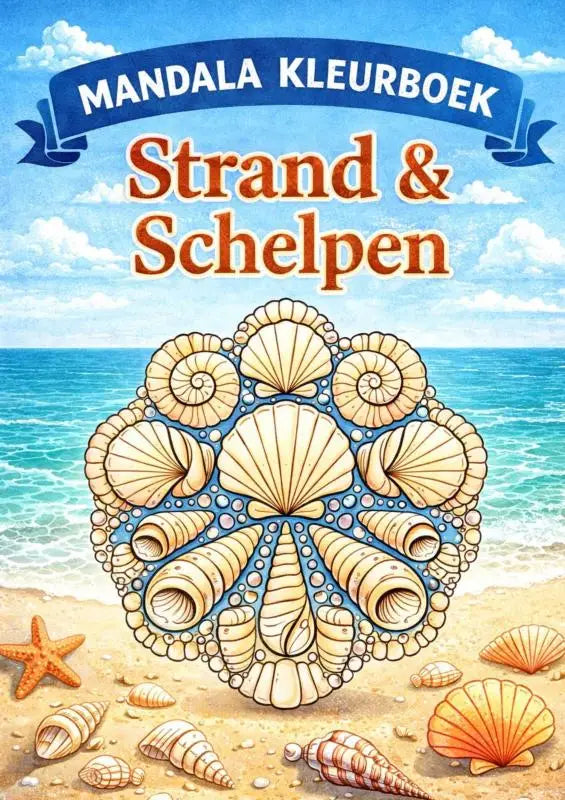 Beige en oranje schelpen mandala kleurboek met ingewikkelde schelppatronen op strandachtergrond