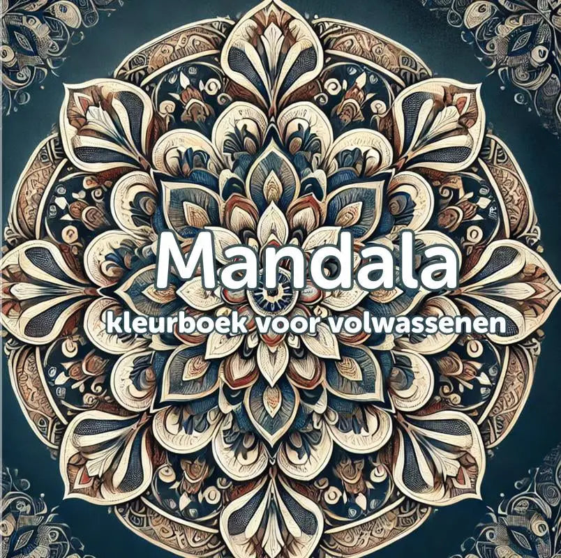 Gedetailleerd hardcover mandala kleurboek met ontspannende ontwerpen in blauw, beige en bruin op donkergroene achtergrond