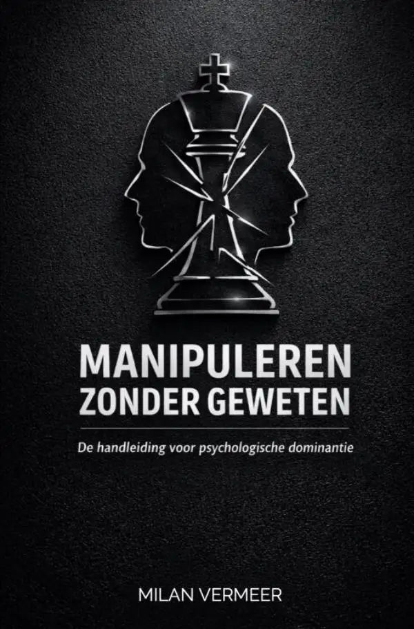 Zwart boek over psychologische dominantie met zilveren schaakkoning en menselijke silhouetten, manipuleren zonder geweten van milan vermeer