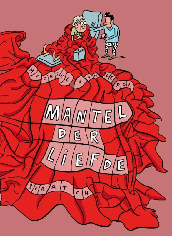 Mantel der liefde rode voluminieuze jas met gestructureerde gerimpelde stof en witte letters aan de voorkant