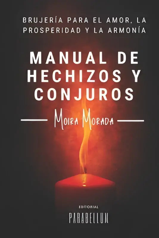 Rode kaars met flakkerende vlam centraal op de cover van manual de hechizos y conjuros voor brujería para el amor