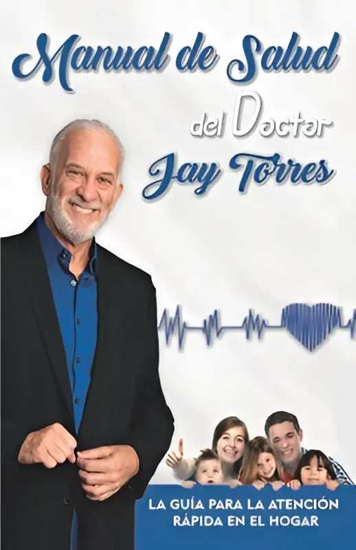 De cover van het boek manual de salud del dr jay torres toont een lachende man in zwart pak met een hartvormige ekg-lijn