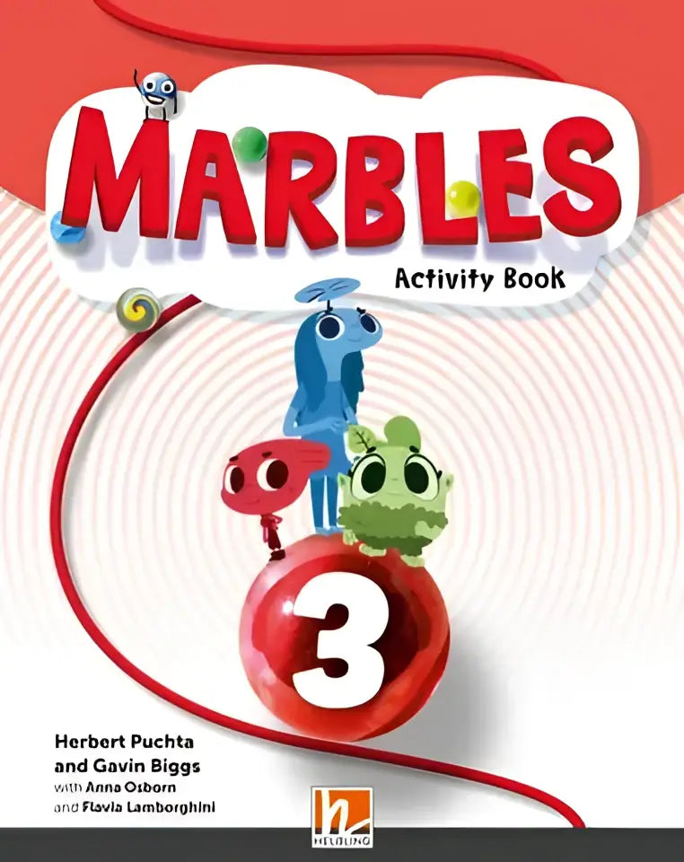 Rode en witte Marbles activiteitboek 3 met cartoonfiguren op glanzende kaft