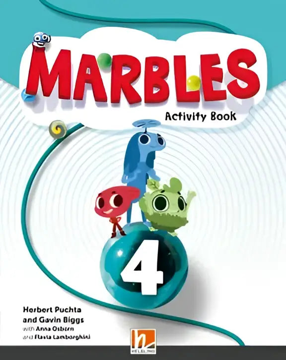 Marbles activiteitboek 4 met kleurrijke cartoonfiguren op teal-witte kaft