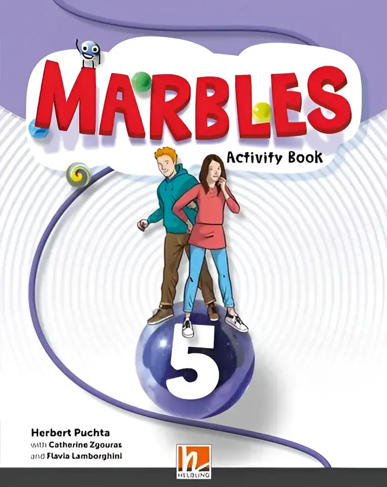 Paarse marmer met wit cijfer vijf voor Marbles activity book 5
