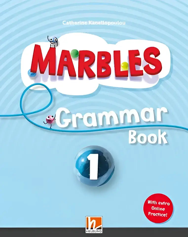 Omslag Marbles Grammar 1 met rood lettertype en cartoon op lichtblauw