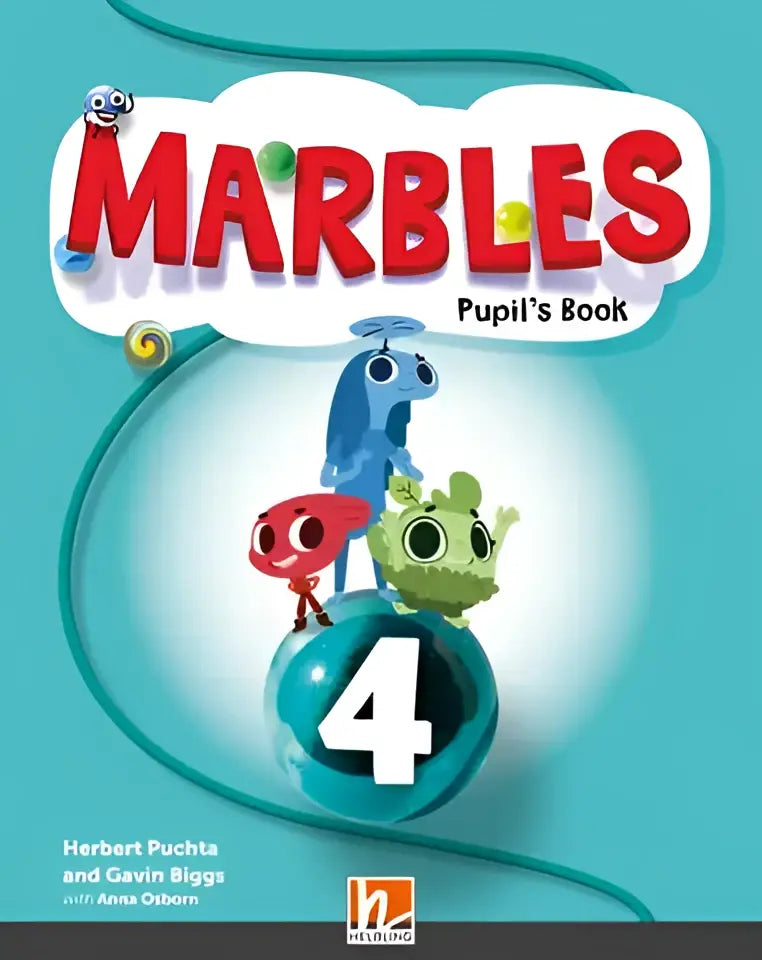 Omslag Marbles pupil’s book 4 met kleurrijke cartoonfiguren op teal achtergrond