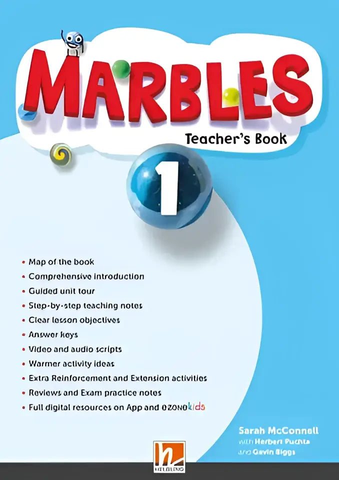 Omslag Marbles Teacher’s Book 1 met rode letters en blauwe bol met 1