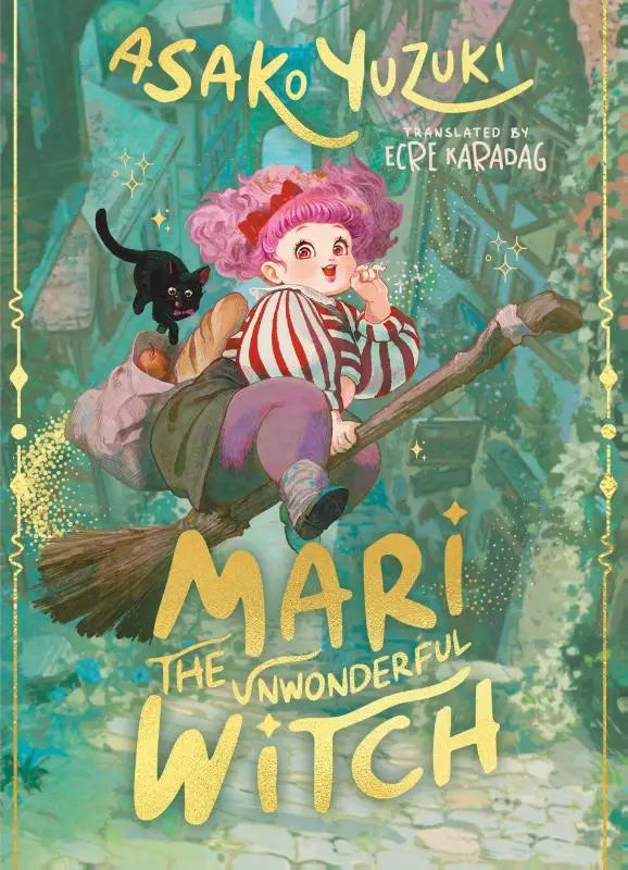De voorkant van het kinderboek mari the unwonderful witch van asako yuzuki toont een speelse, kleurrijke illustratie