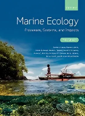 De boekomslag van marine ecology toont een levendige onderwaterwereld met turquoise water en groene koralen