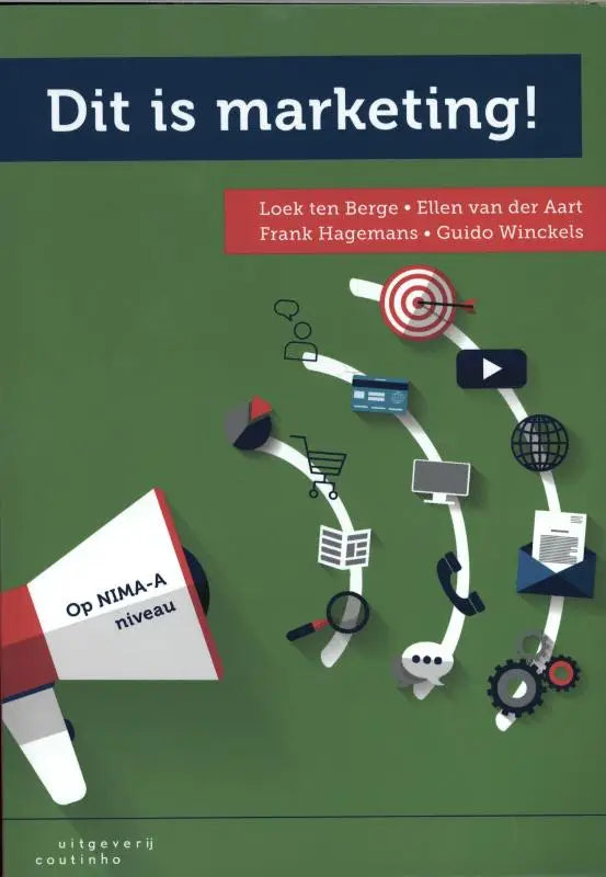 Groene boekcover Dit is marketing! met witte megafoon en iconen