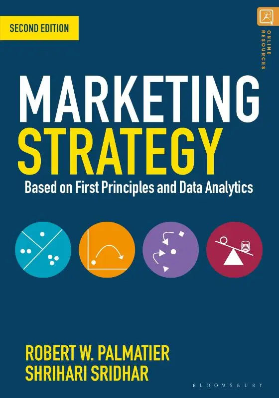 Second edition marketing strategy textbook based on first principles and data analytics with bold white and yellow title on blue cover and colorful icons