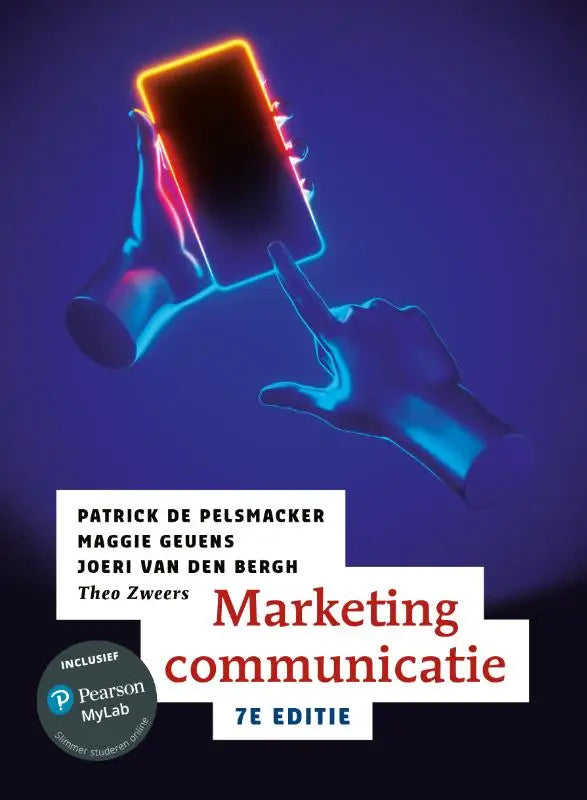 Een smartphone met zwarte scherm en neon oranje en blauwe randen gehouden door handen voor marketingcommunicatie van maggie geuens hoger onderwijs pearson benelux