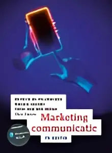 De cover van het marketingcommunicatie leerboek van maggie geuens in blauw en wit voor bedrijfskunde hoger onderwijs