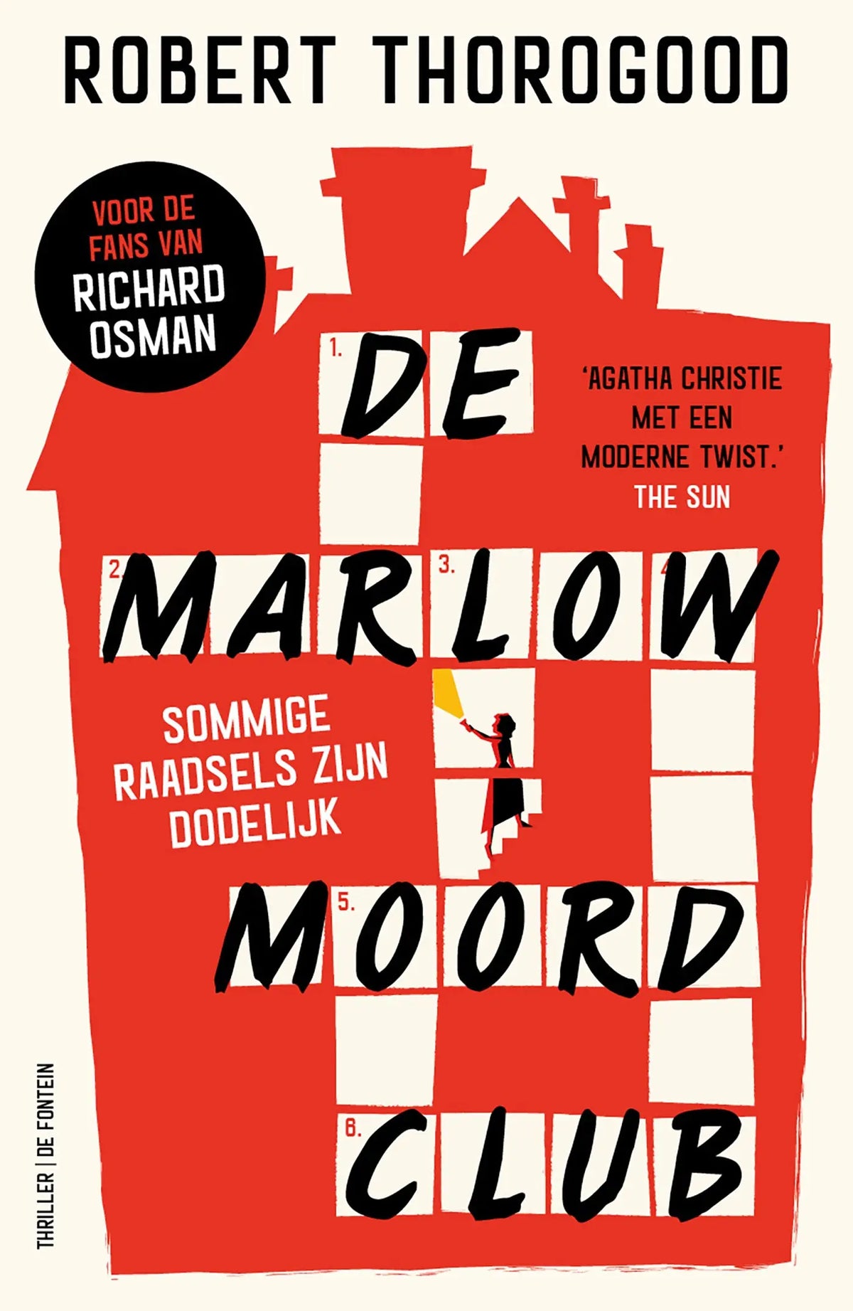 Rood boekomslag van de marlow moordclub met vet zwarte tekst en gestileerd huisontwerp door robert thorogood