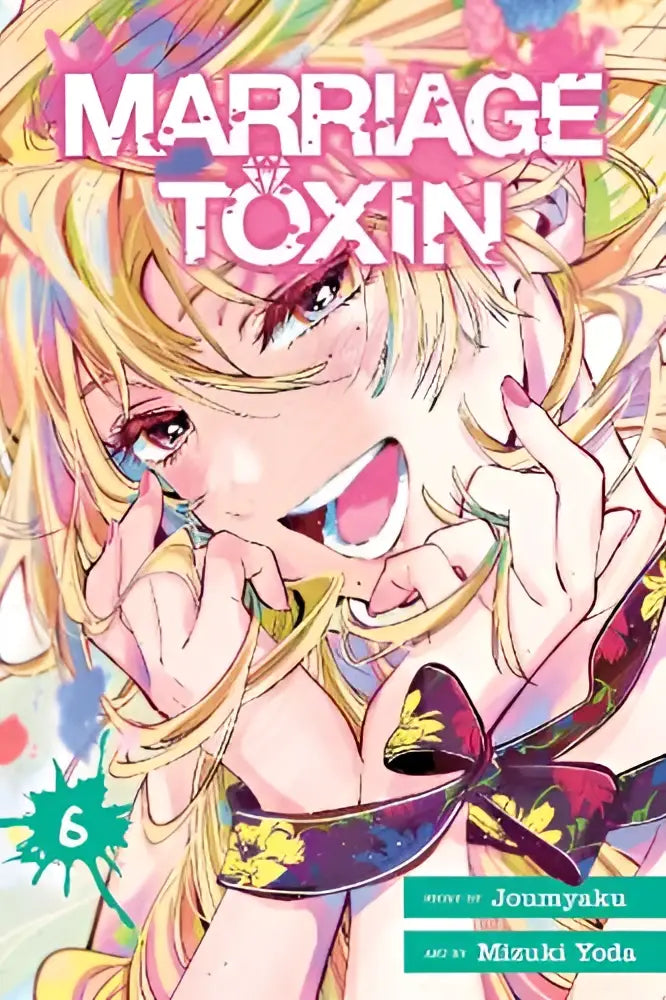 De cover van het manga marriage toxin volume 6 toont een blonde figuur in een donkerpaars en goud patroon