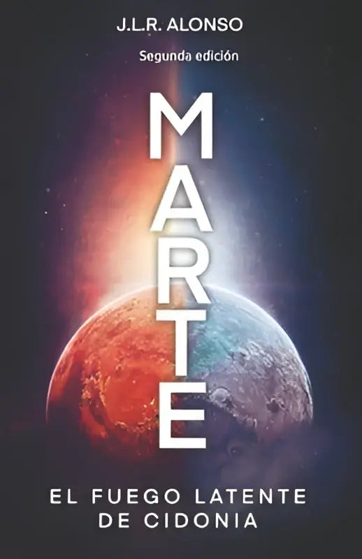 De boekcover van marte toont de titel in witte letters met een vurige rode mars en blauwe atmosfeer, benadrukt het fuego latente thema
