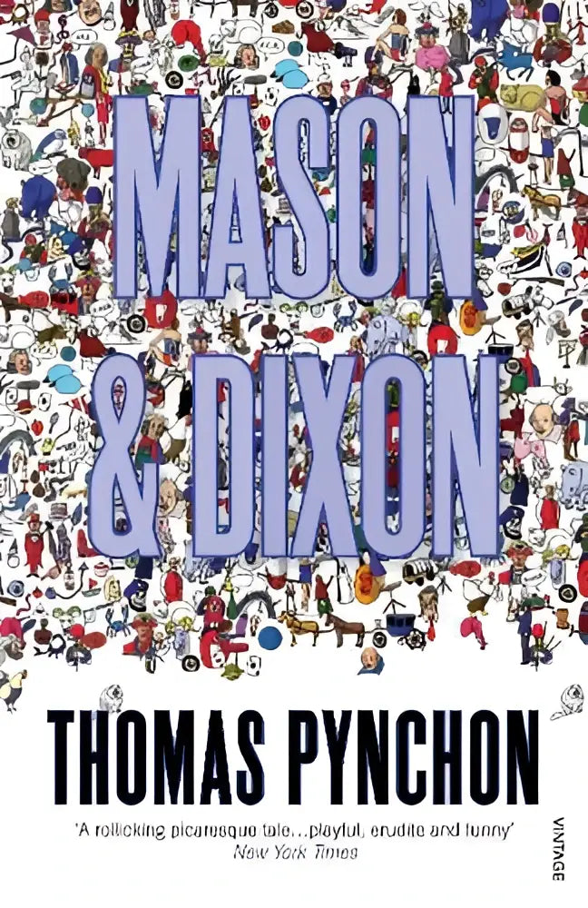 Boekomslag van mason & dixon door thomas pynchon met paarse letters en een collage van illustraties vintage classics