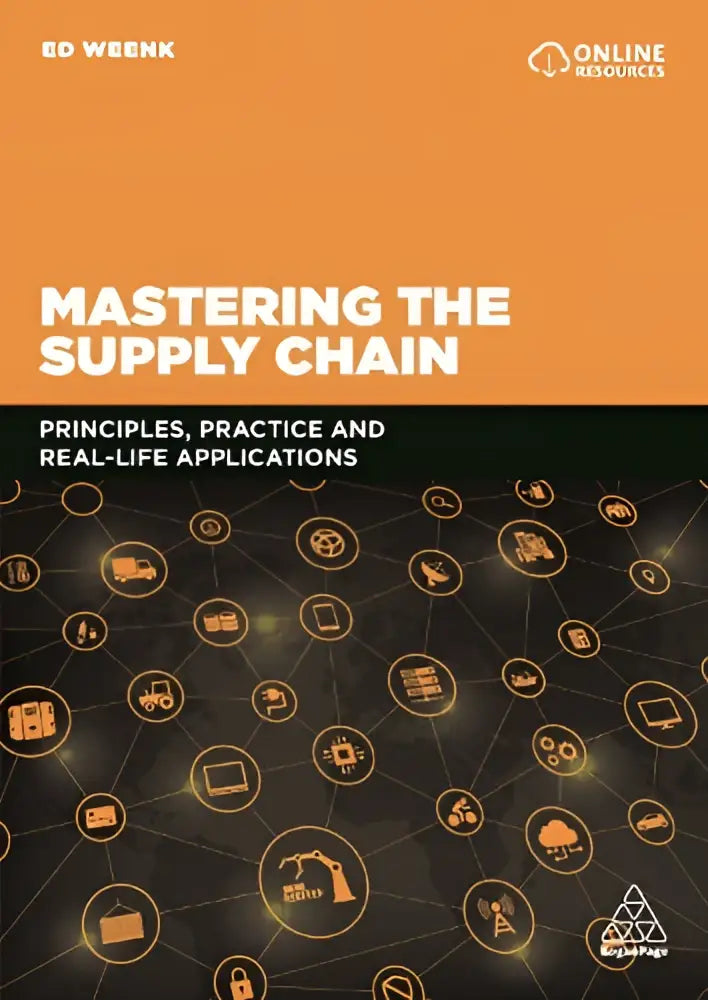 Oranje en zwarte boekomslag van mastering the supply chain door ed weenk met netwerk van gloeiende oranje iconen