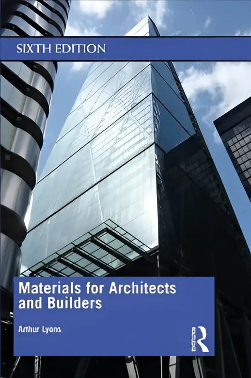 Boekcover van materials for architects and builders met een modern gebouw van glas en metaal onder een heldere blauwe lucht