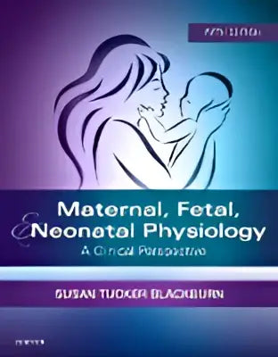 De boekcover van maternal fetal & neonatal physiology toont een paarse en blauwe gradient met witte gestileerde figuren