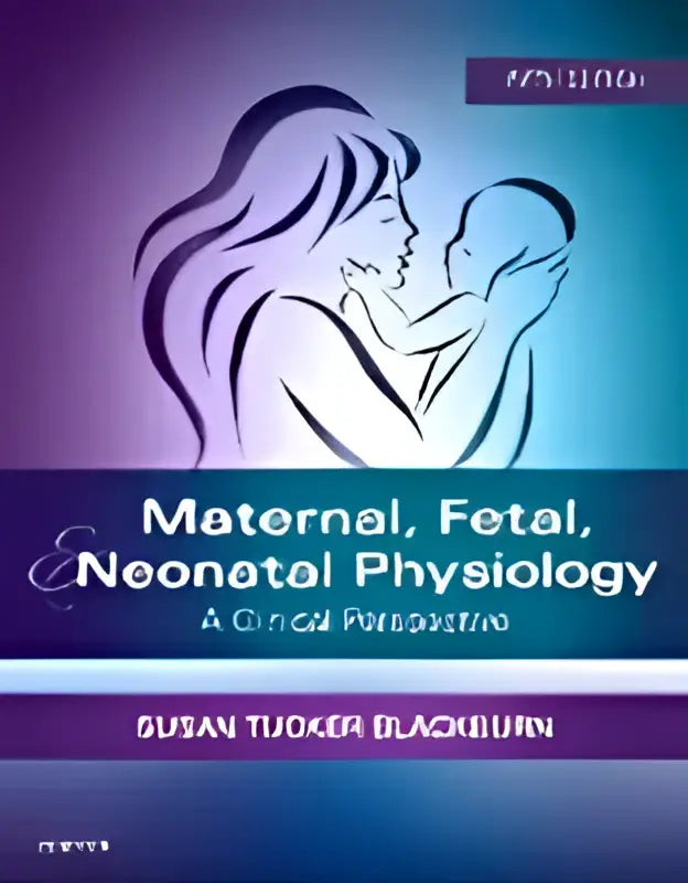 De boekcover van maternal fetal & neonatal physiology toont een paarse en blauwe gradient met witte gestileerde figuren