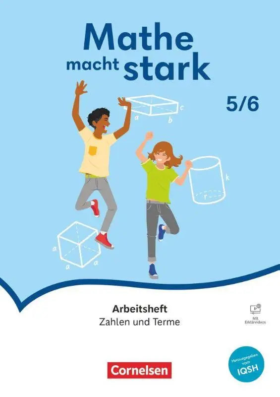 Blauw omslagen werkboek mathe macht stark 5/6 met illustraties van kinderen en geometrische vormen voor scholen