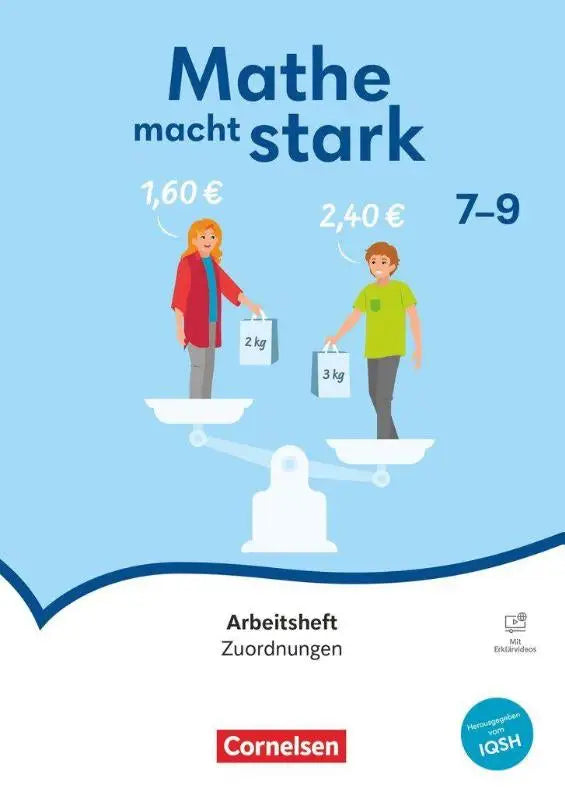 Cover van cornelsen werkboek mathe macht stark 7-9 met witte balans en kinderen die 2 kg en 3 kg tassen dragen
