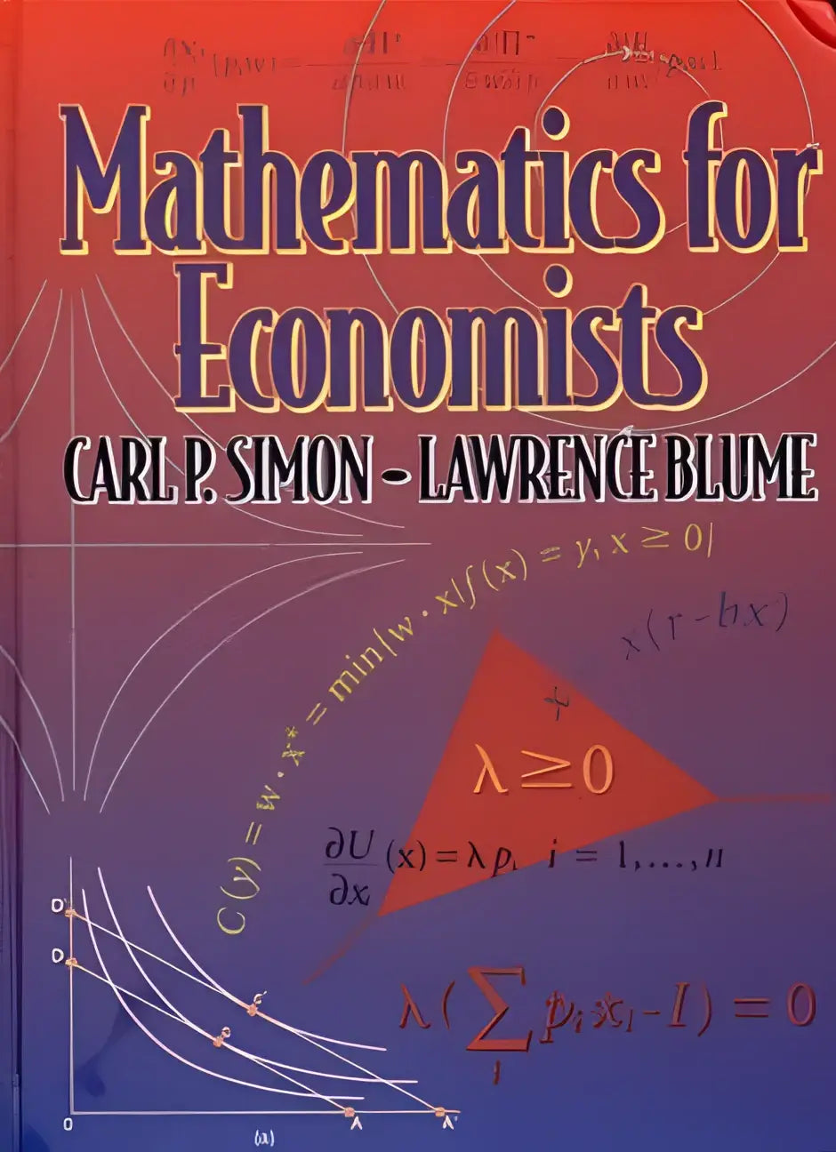 Het boek mathematics for economists van the university toont een gradient omslag van rood naar paars en blauw