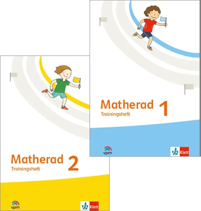 Twee geïllustreerde kinders math trainingsheften matherad 1 en 2 met kleurrijke banen en klett logo trainingsheft paket klasse
