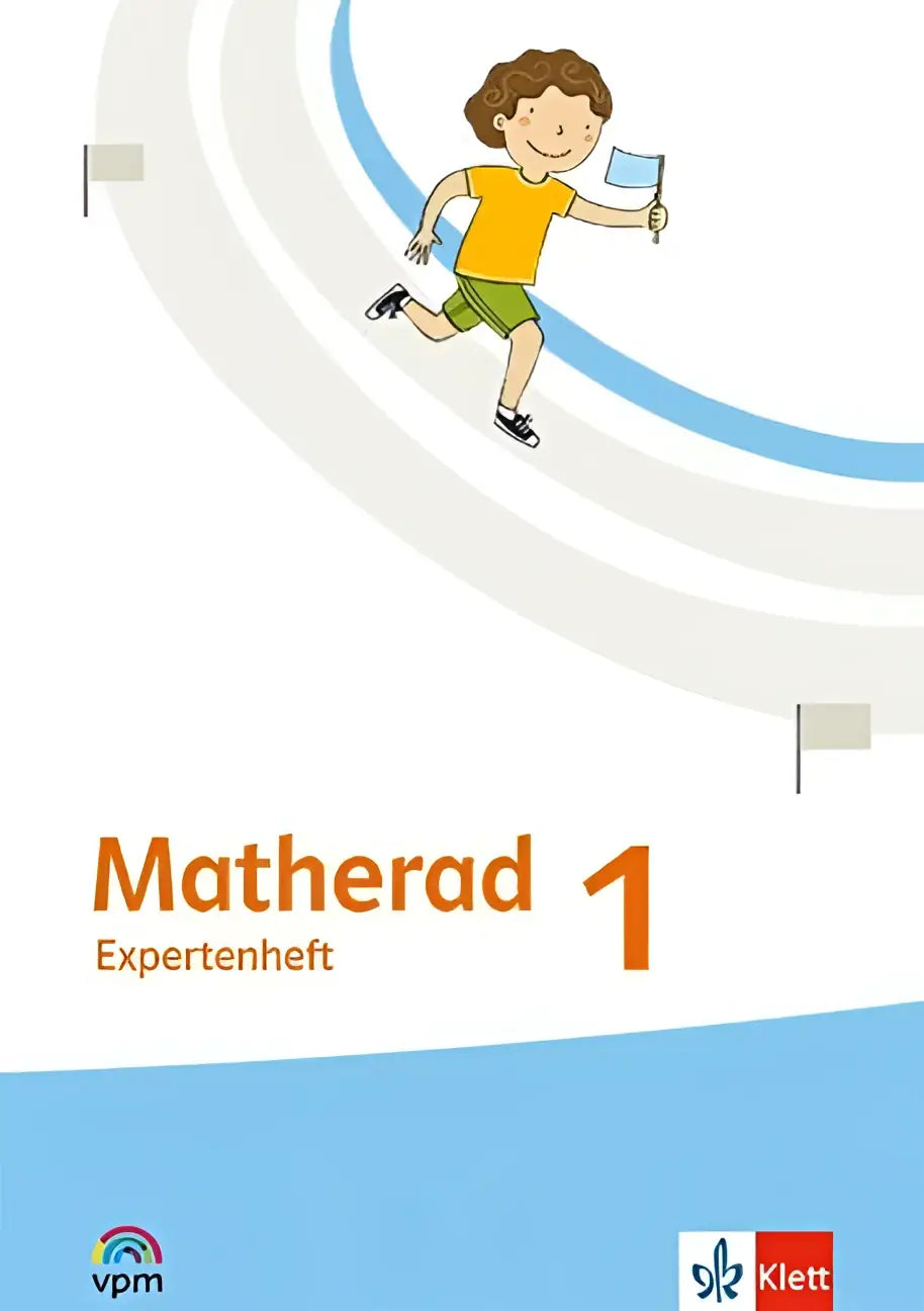 De cover van matherad 1 expertenheft klasse 1 toont een kind in oranje shirt en groene short rennend met vlag