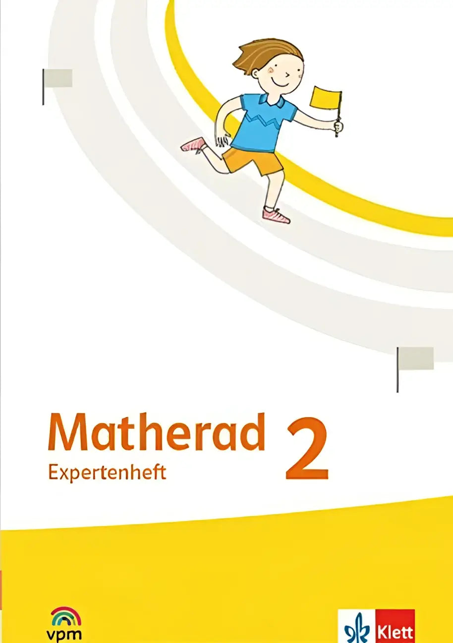 Cover van matherad 2 trainingsheft klasse 2 met vrolijke illustratie van kind in blauw en geel met vlag