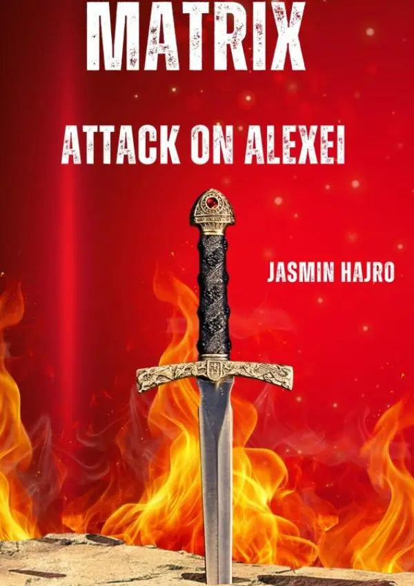 Een middeleeuws zwaard met een zwarte, gestructureerde grip en een gouden handvat staat rechtop tegen vurige vlammen matrix attack on alexei