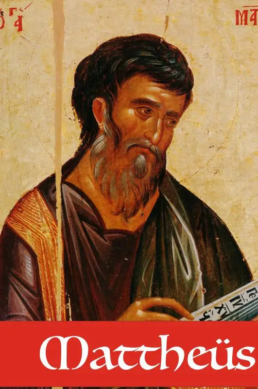 Iconografisch schilderij van heilige mattheüs met donker haar en lange baard in byzantijnse stijl voor jonge lezers