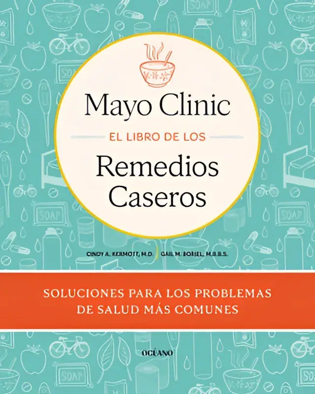 The mayo clinic guide features a teal cover with white kitchen illustrations and the title el libro de los remedios caseros