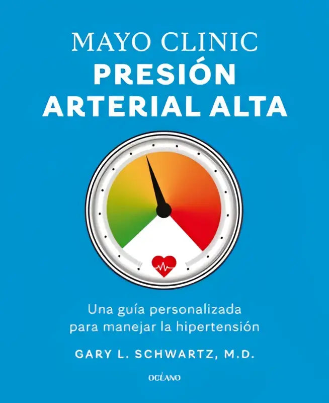 Blauwe covers van mayo clinic boek met circulaire bloeddrukmeter en hartpictogram voor hoge bloeddrukbeheer
