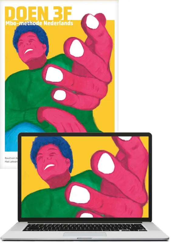 Levendige pop-art poster met gestileerde figuur in groene trui en blauwe haar met roze handen voor mbo methode nederlands