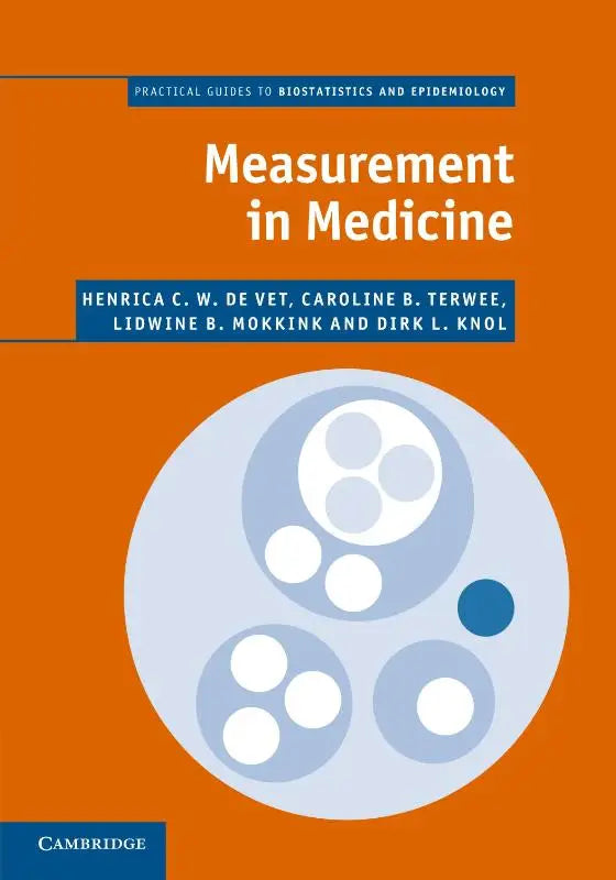 Oranje boekomslag measurement in medicine met overlappende blauwe cirkels over biostatistiek en epidemiologie en meetinstrumenten door cambridge
