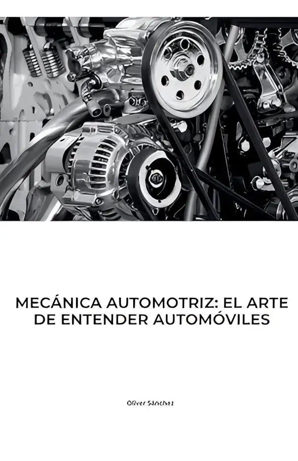 De blauwe omslag van mecánica automotriz toont een zwart-wit foto van een motor met metalen onderdelen en riemen